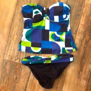 Size 8 tank swim suit. Brown, blue and green.